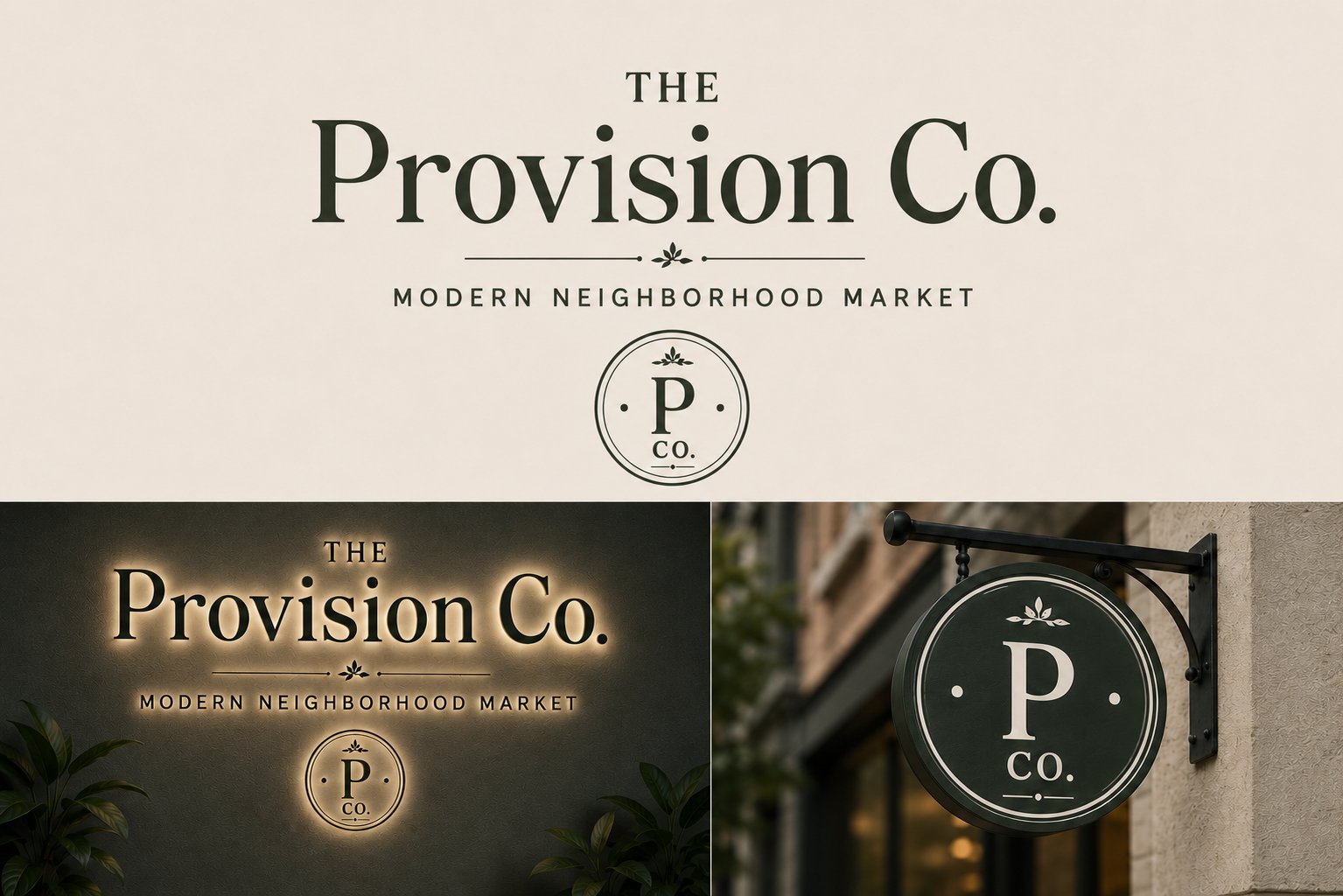 The Provision Co. brand concept board — storefront and interior renderings with brand color palette