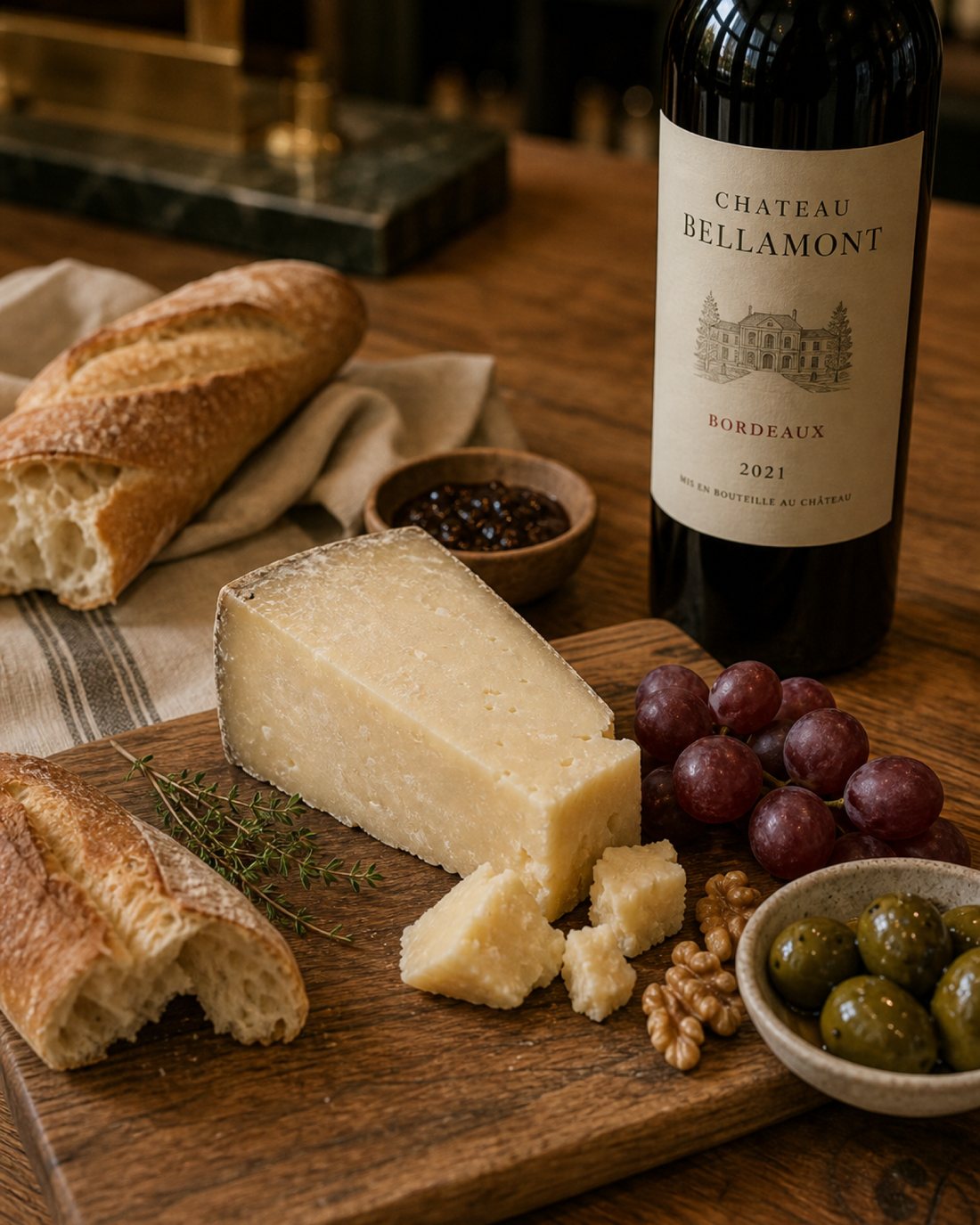 Concept rendering: a board of cheese and charcuterie, a baguette, and a bottle of wine — dinner, sorted