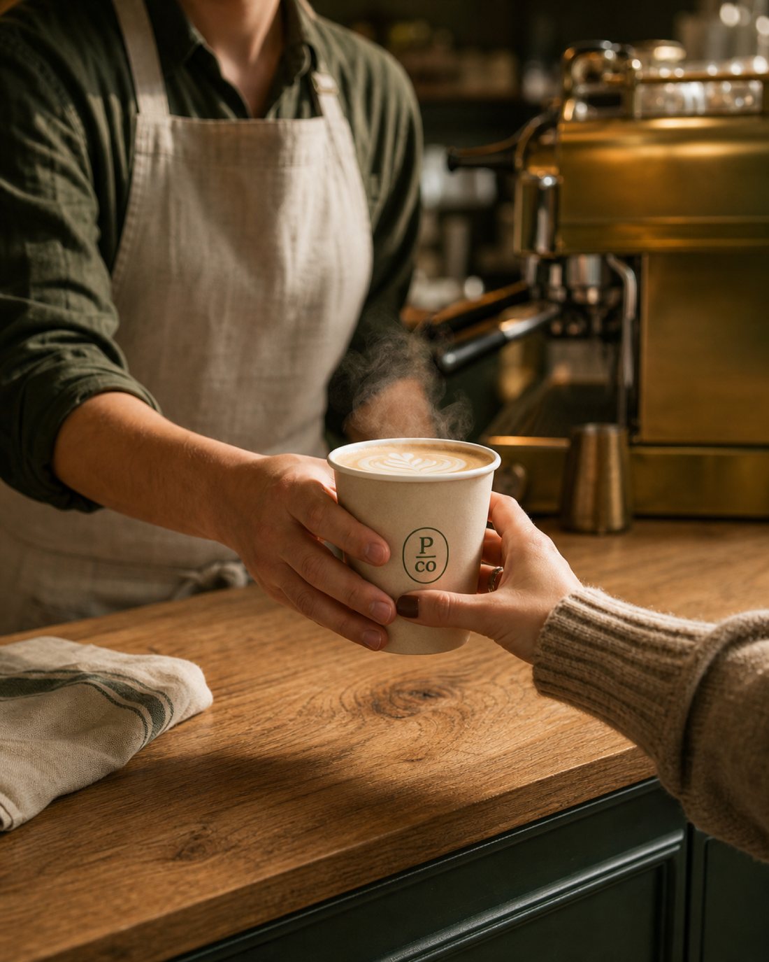 Concept rendering: a barista handing a fresh latte across the oak counter