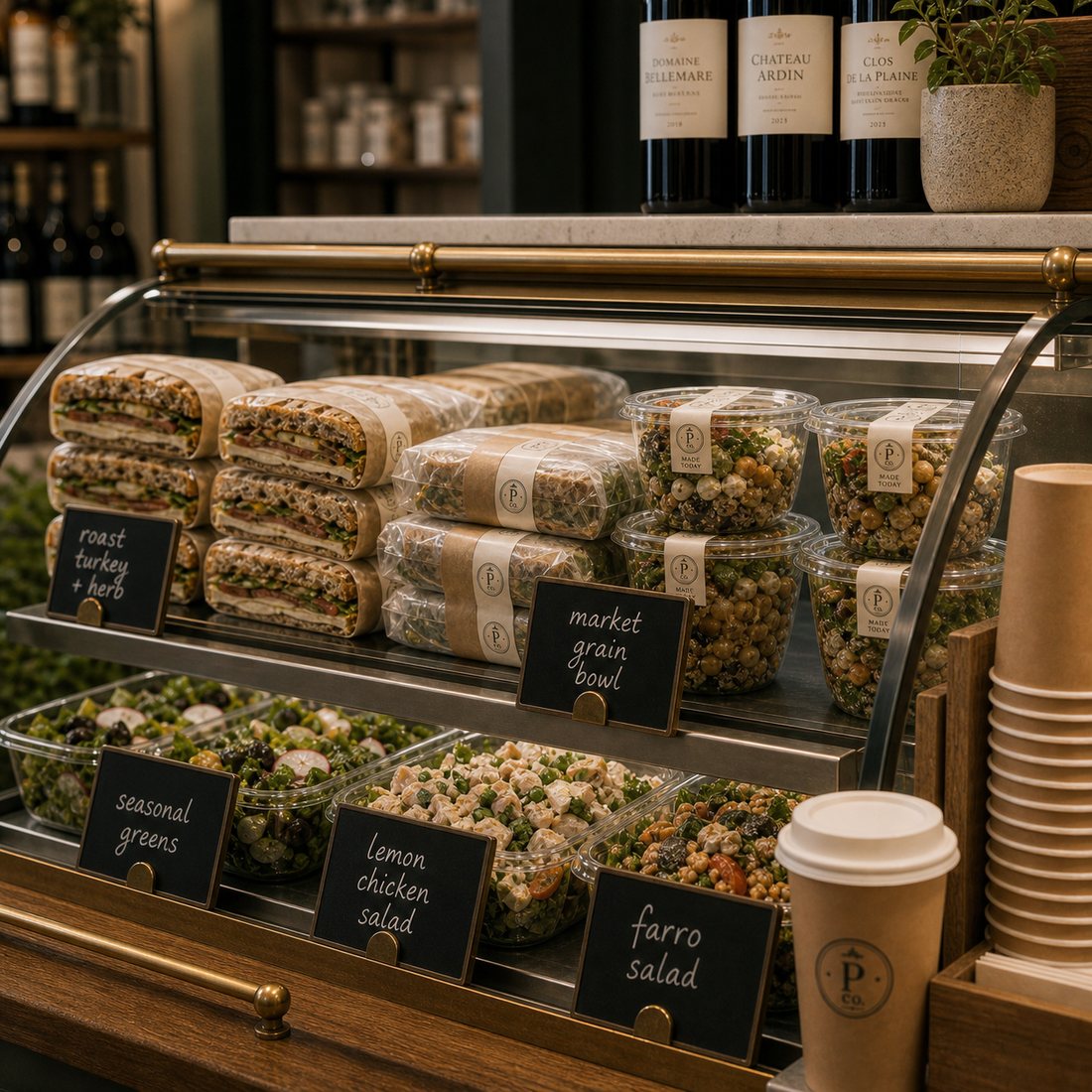 Concept rendering: a grab-and-go case of wrapped sandwiches, salads, and takeaway coffee