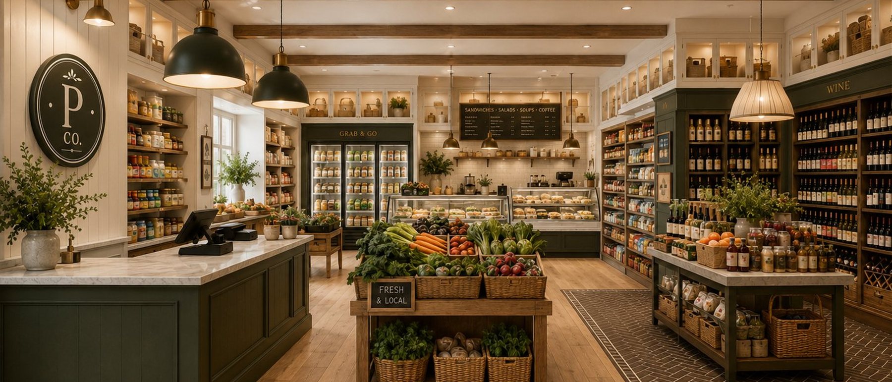 Concept rendering of the interior — oak tables of fresh produce, a grab-and-go counter, pendant lighting, and a wine wall