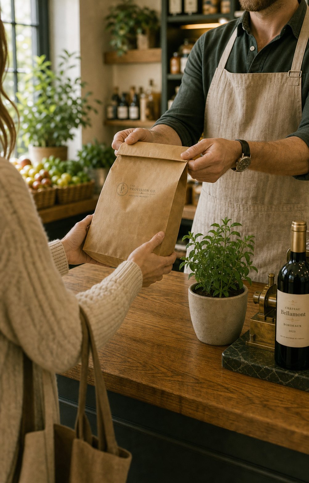 Concept rendering: a shopkeeper handing a paper bag across the oak counter