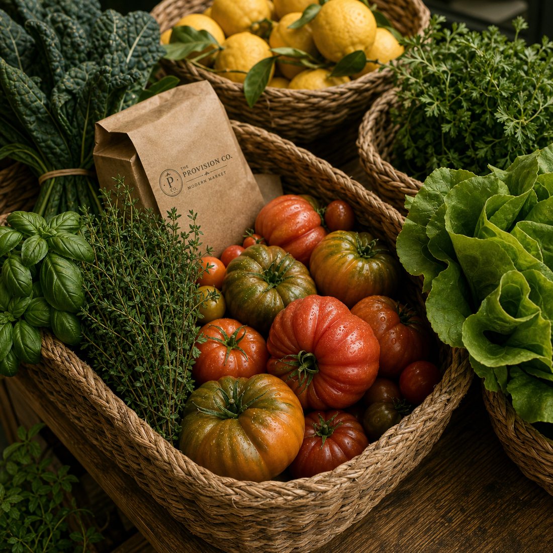 Concept rendering: baskets of heirloom tomatoes, fresh herbs, lemons, and lettuces on an oak table