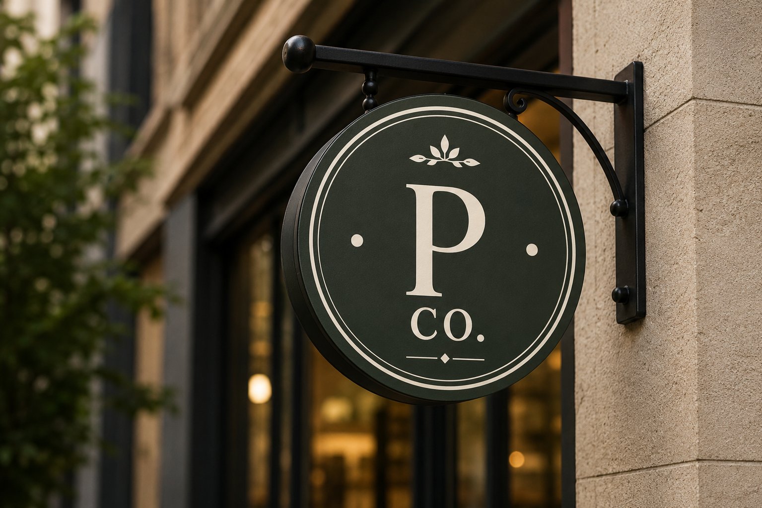 P. Co. circular sign mounted on exterior building wall