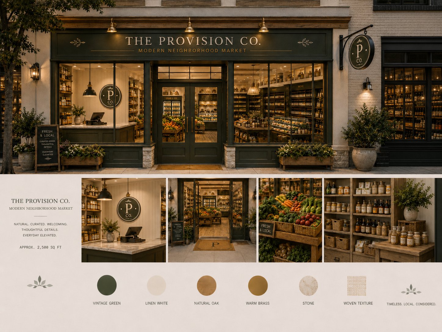 Store interior featuring provisions, sundries, and curated goods on oak shelving