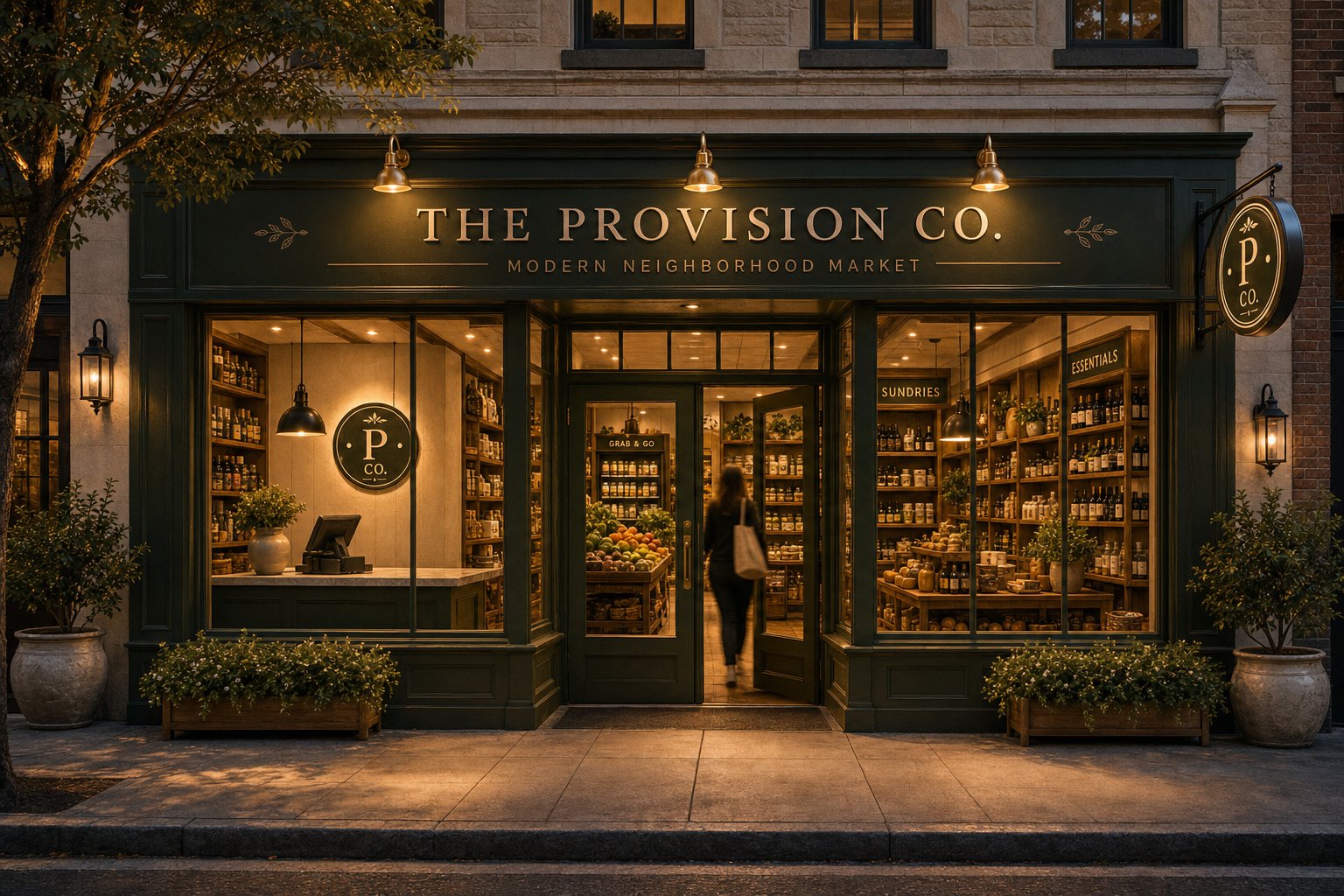 Concept rendering of The Provision Co. storefront at dusk — a deep olive-green facade with brass overhang lights, a warm interior glow, and a customer stepping through the door