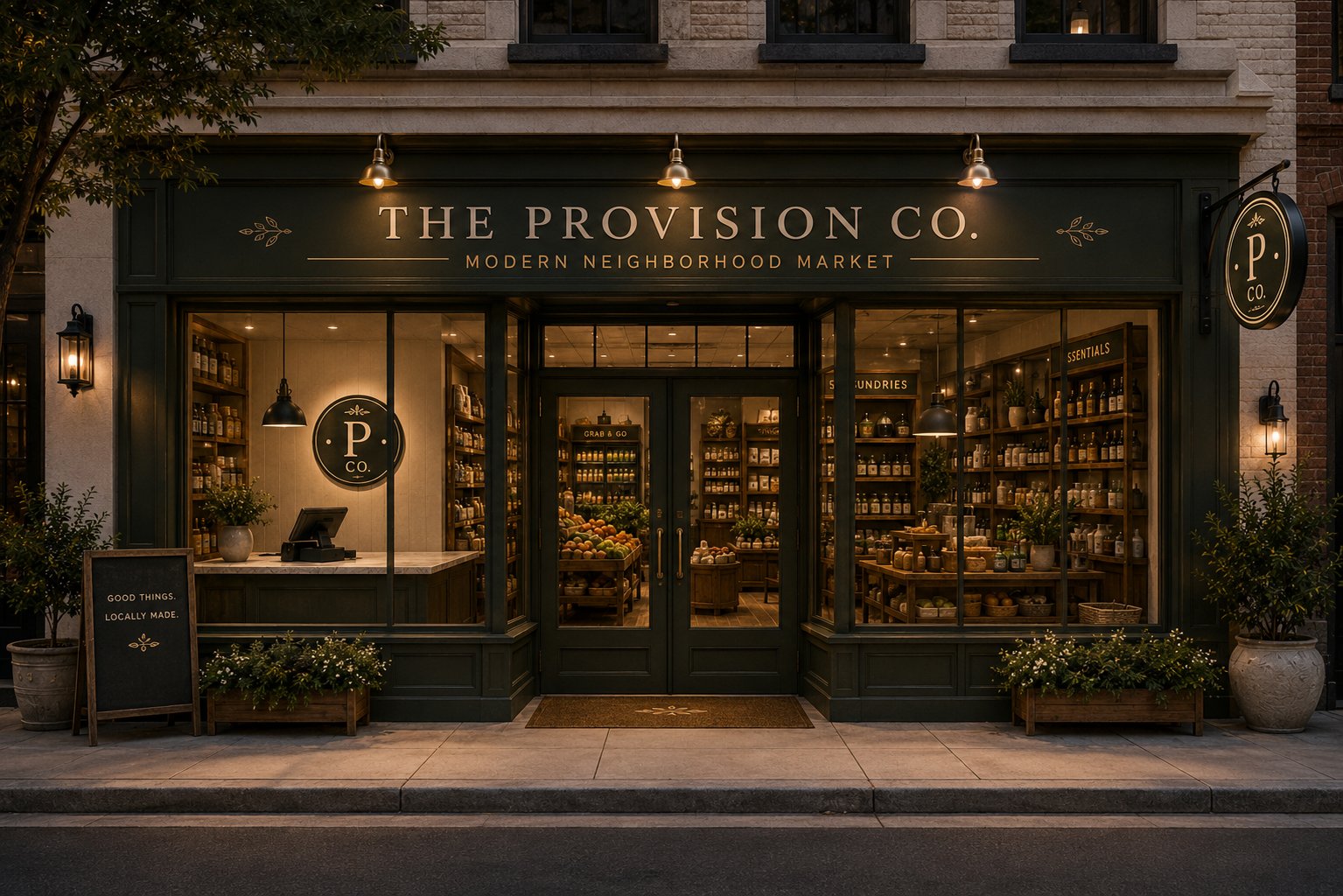 The Provision Co. storefront — deep olive-green painted facade with brass lights and warm interior glow