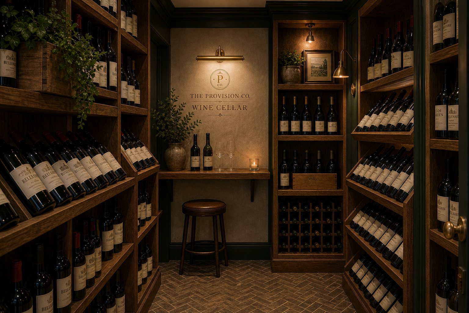 Concept rendering of the wine cellar — oak racks of bottles, a herringbone floor, and a brass-lit tasting ledge